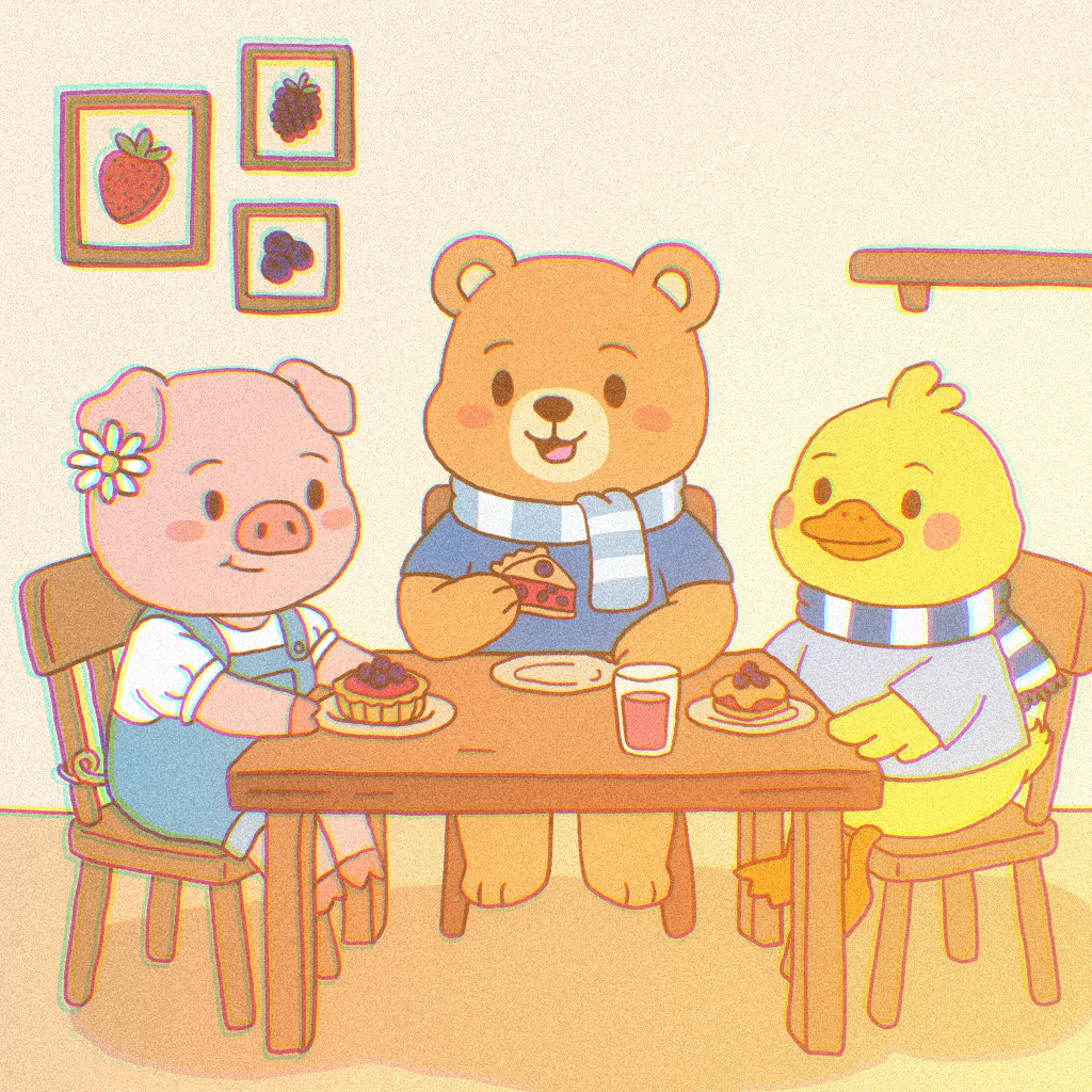Momo, Berry Bear, and Ducky Lee Quack sharing a cozy snack at Berry Bear's Café in their updated character designs
