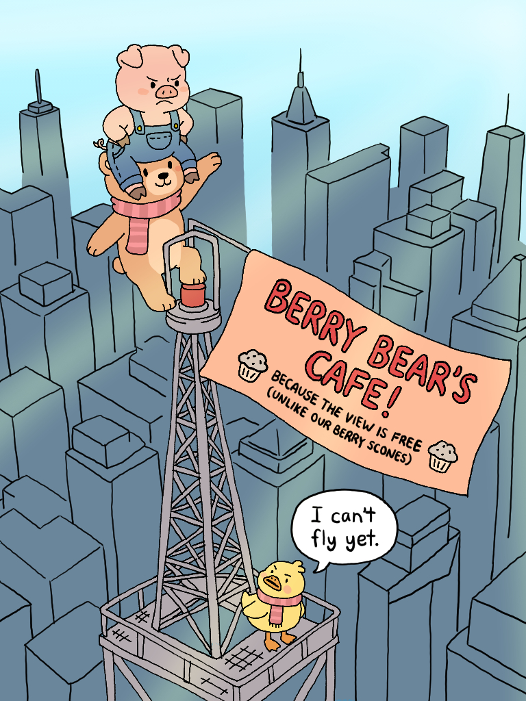 Berry Bear and Momo climbing a skyscraper with a café banner while Ducky stands below
